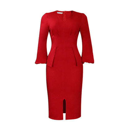 Damen Midi-Kleid Figurbetont Puffärmel Eveloria