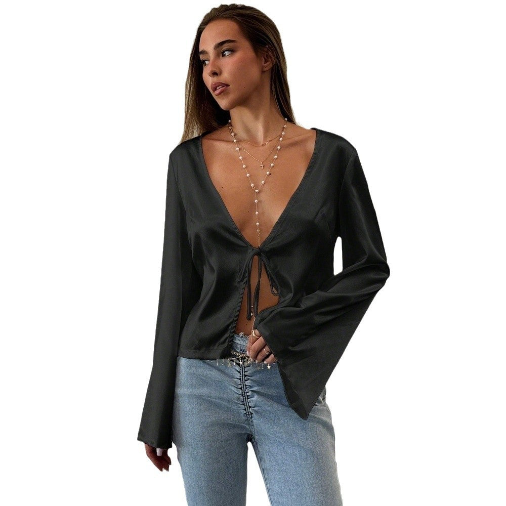 Damen Bluse V-Ausschnitt Lässiger Knoten Detail Eveloria