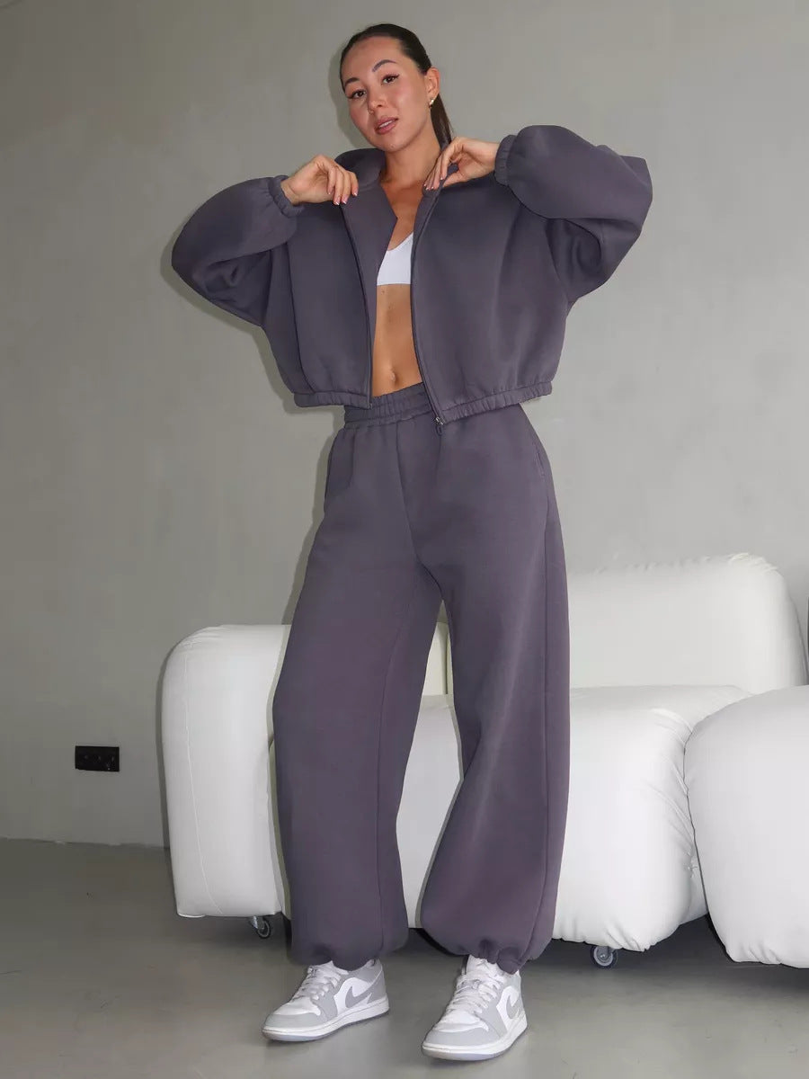 Damen Cropped Fleecejacke Hohe Taille Jogginghose Eveloria