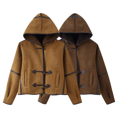 Damen Kunstlederjacke Kapuze Warmfutter Eveloria