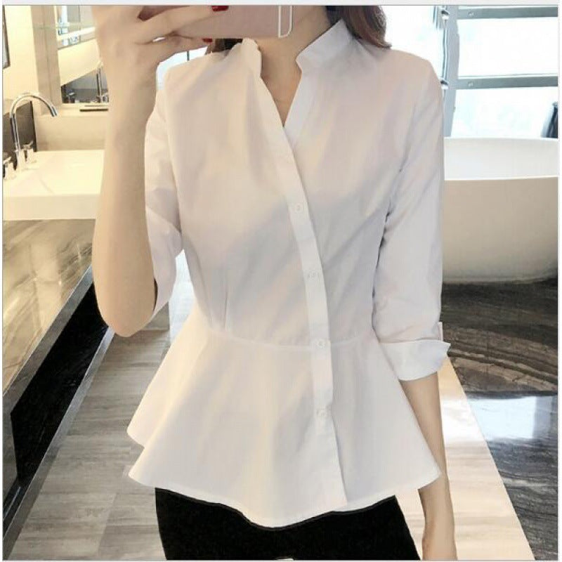 Damen Bluse Peplum Schnitt Stehkragen Modern Eveloria