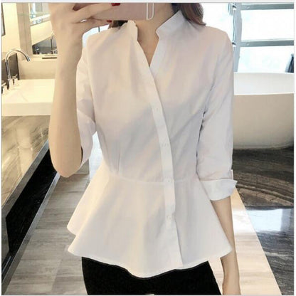 Damen Bluse Peplum Schnitt Stehkragen Modern Eveloria