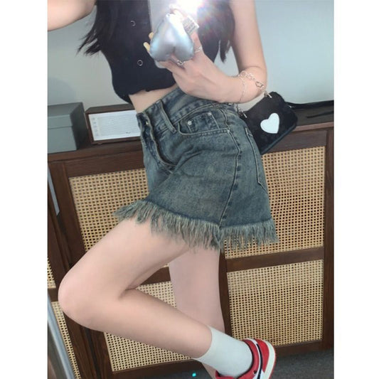 Damen Denim Shorts Fransiger Saum Hochbund - Eveloria