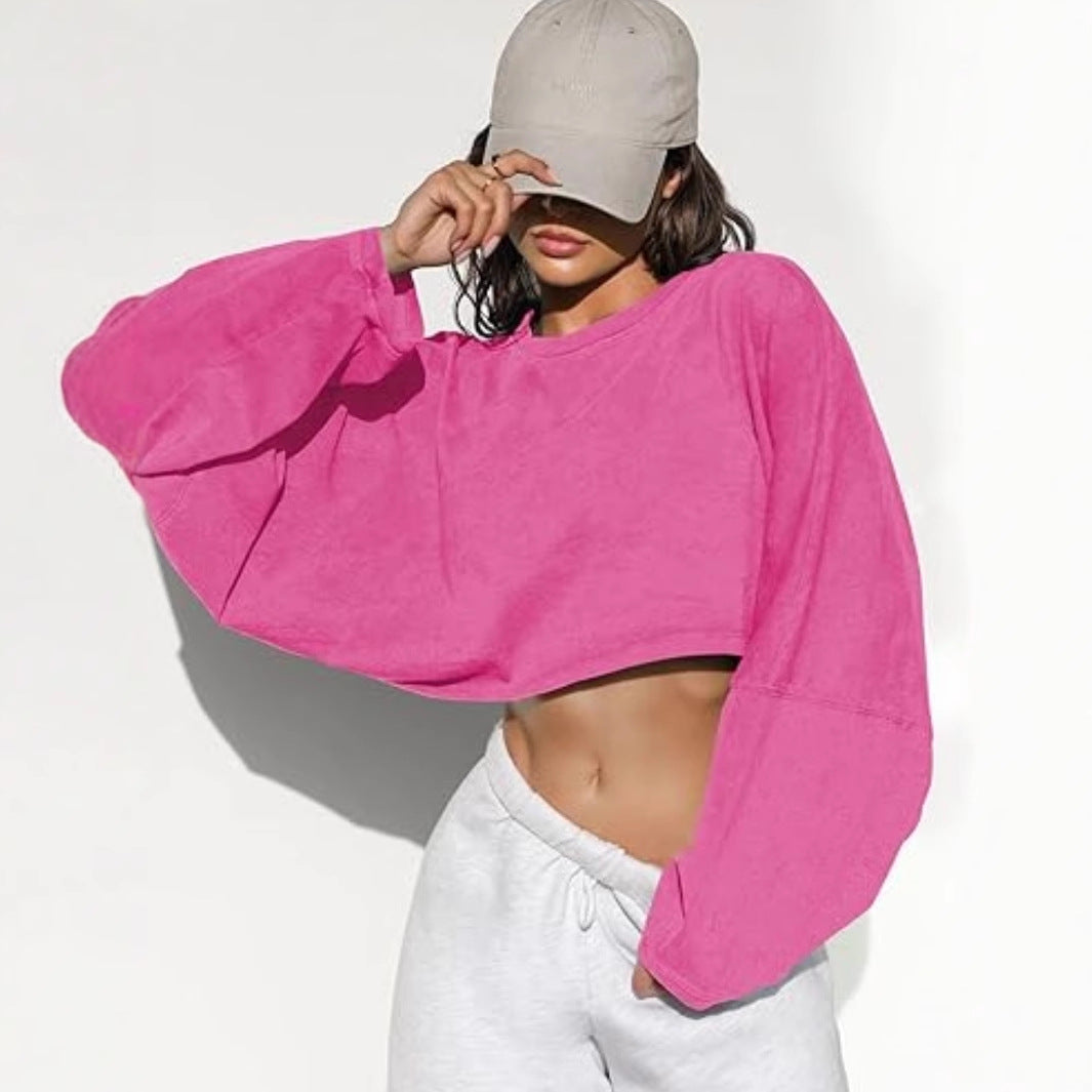 Damen Cropped Sweatshirt Voluminöse Ärmel Lässiger Schnitt Grau