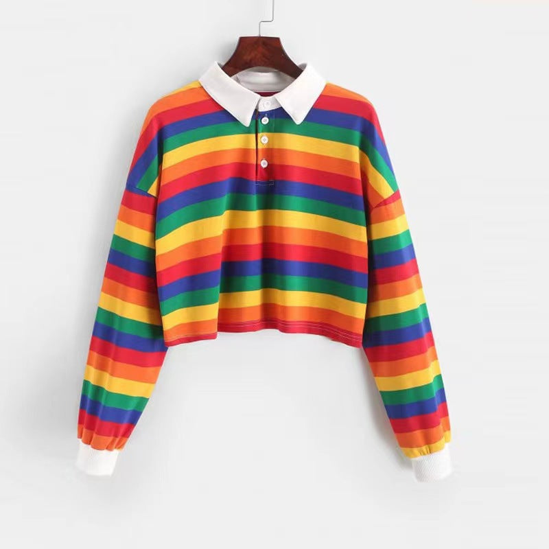 Damen Cropped Poloshirt Bunt Streifen Weite Passform - Eveloria