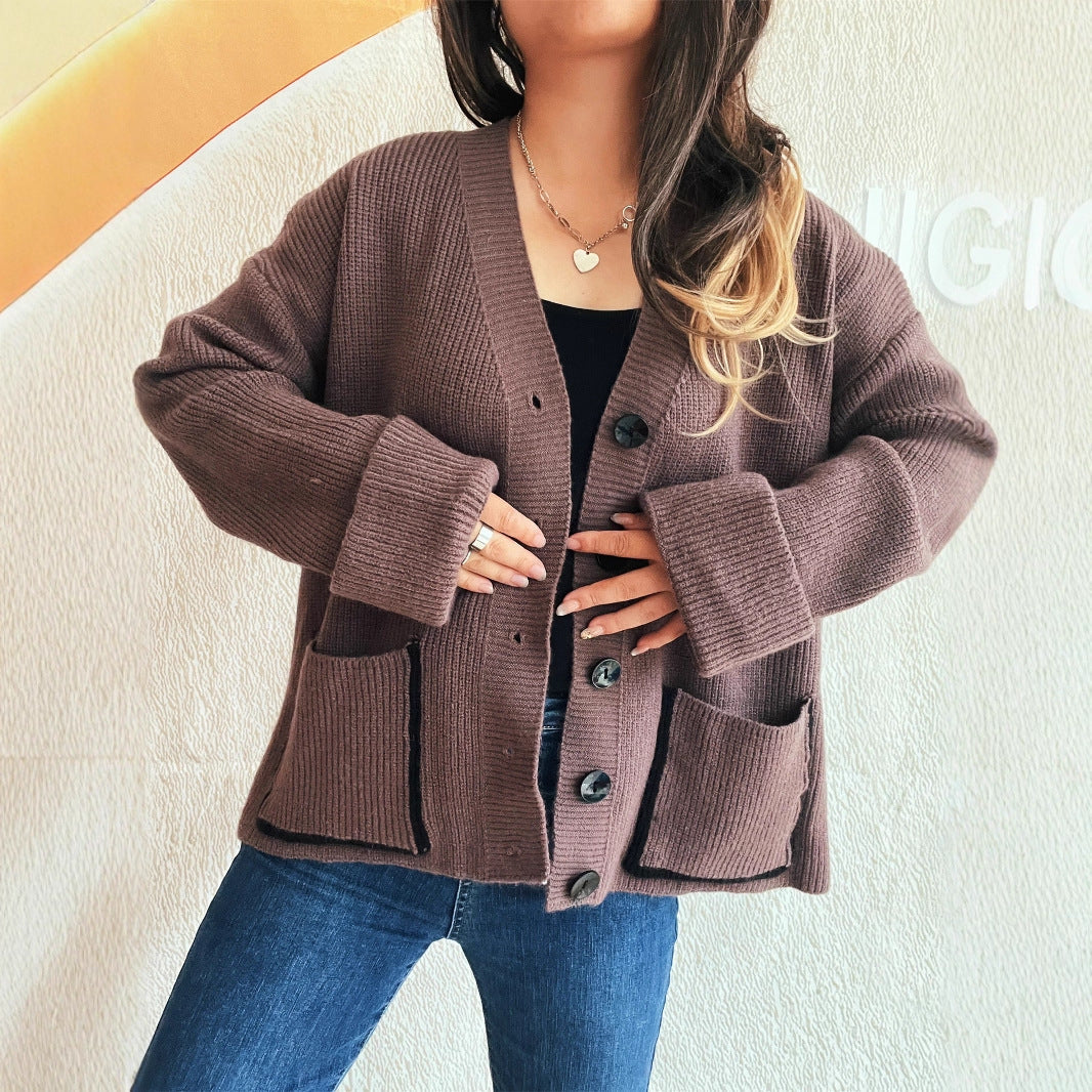 Damen Strickcardigan Weich V-Ausschnitt Große Taschen Beige