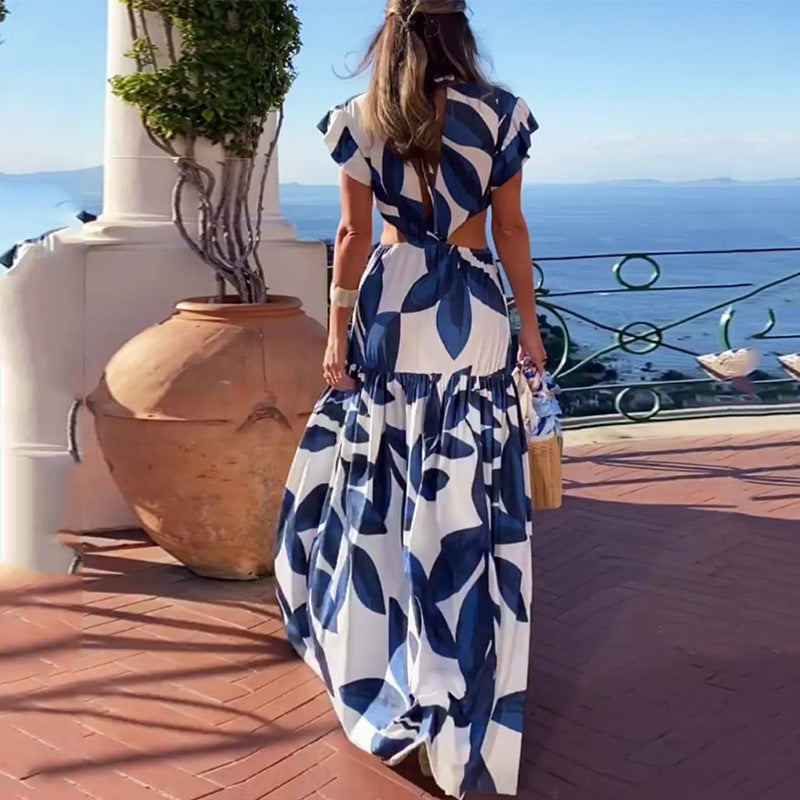 Damen Maxikleid Gewellte Ärmel Elastischer Taillengürtel Eveloria