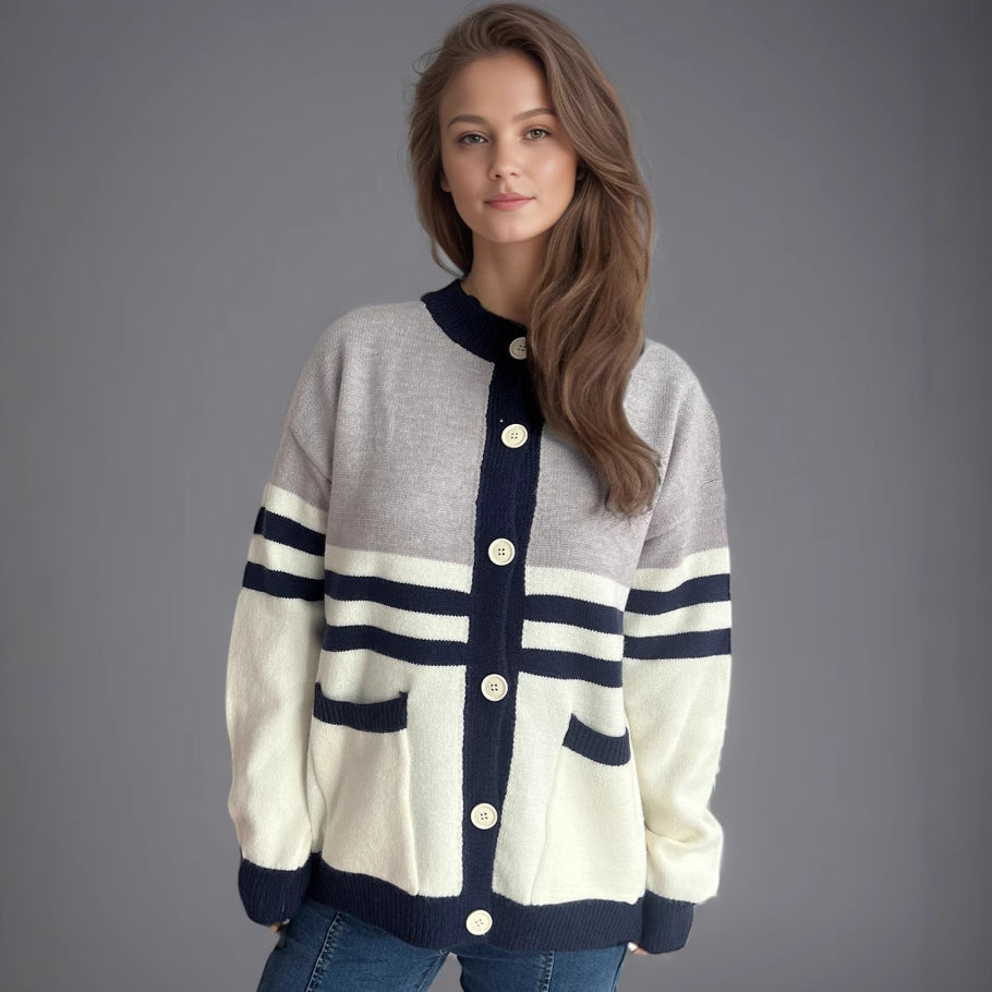 Damen Strickjacke Streifenmuster Große Knöpfe