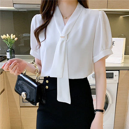 Damen Bluse mit Schleife Puffärmel Eveloria