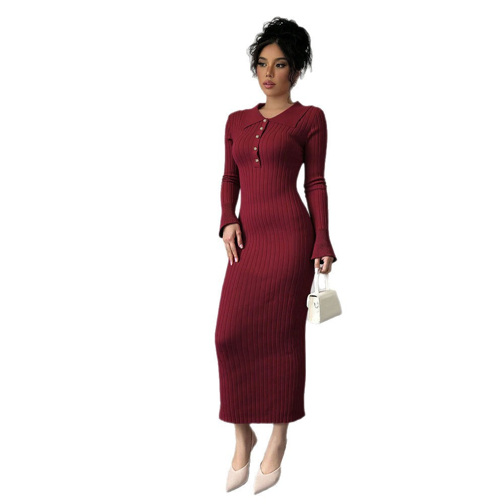 Damen Maxikleid Figurbetont Polokragen Knopfleiste Eveloria