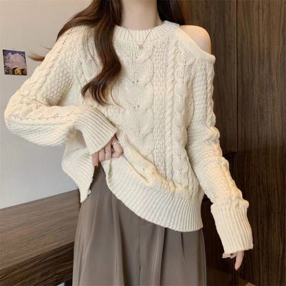 Damen Grobstrickpullover Asymmetrisch Zopfmuster Eveloria
