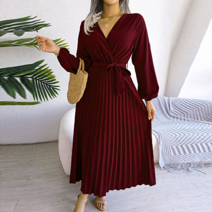 Damen Wickelkleid Faltenrock Langer Arm Eveloria