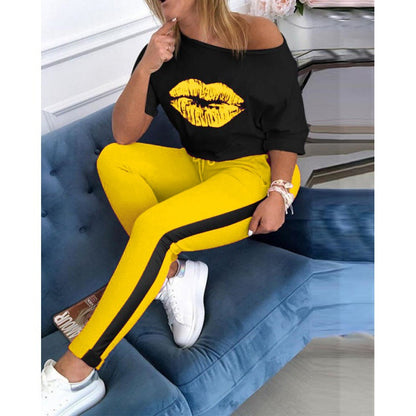 Damen Sweatshirt Lippenmotiv mit sportlicher Leggings