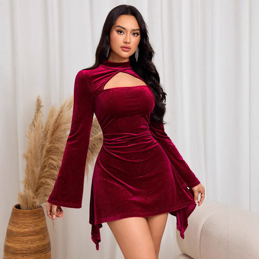 Eveloria Damen Minikleid Samt Cut-Out Längsärmel Schwarz - Eveloria