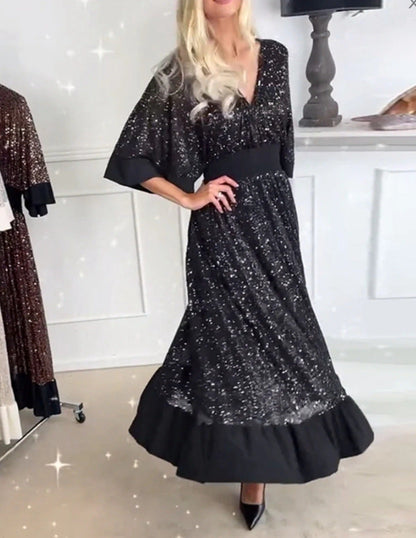 Eveloria Damen Abendkleid Voluminöse Ärmel Glitzer Effekt