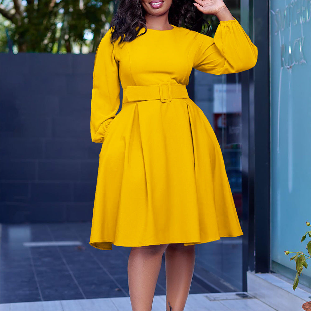 Damen Midi-Kleid mit Ärmeln und Taillengürtel Eveloria