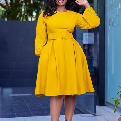 Damen Midi-Kleid mit Ärmeln und Taillengürtel Eveloria