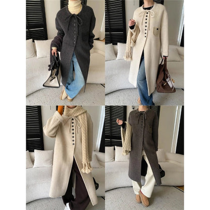Damen Wolljacke Lang Knopf- und Kordelzugdetails Braun
