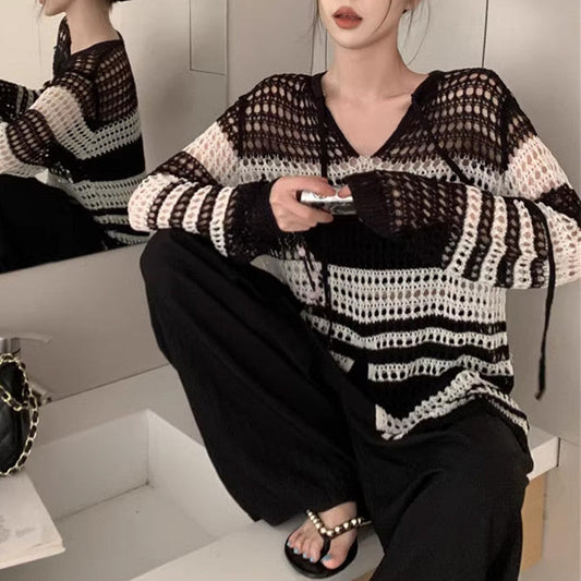 Damen Strickpullover Luftiger Netzdesign Langer Ärmel Schwarz Eveloria - Eveloria