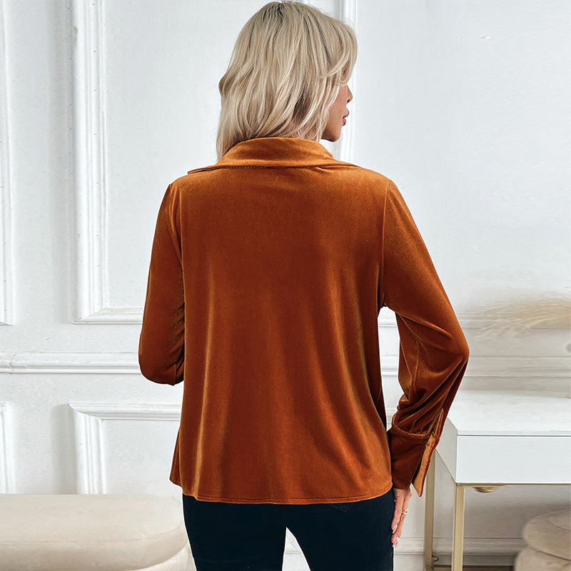 Eveloria Damen Samtbluse Offener Kragen Langer Ärmel