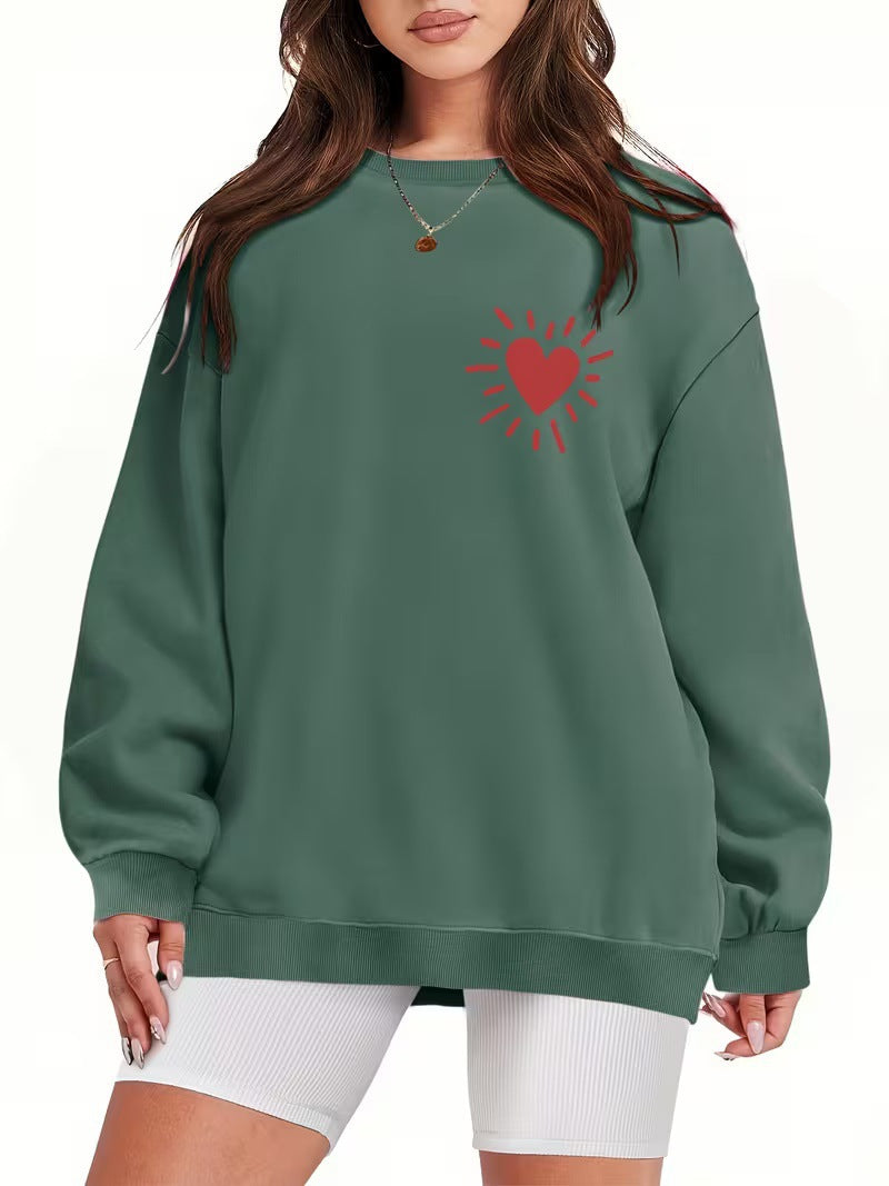 Damen Sweatshirt Lässig Übergroß Herzmotiv Grau