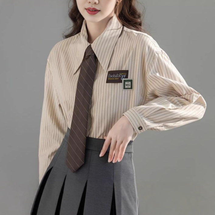 Damen Bluse Gestreift Klassisch Moderner Kragen Weiß