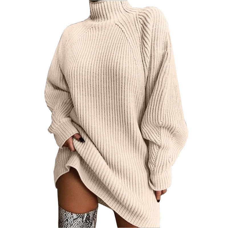 Damen Strickpullover Oversized Stehkragen Rippenmuster Beige