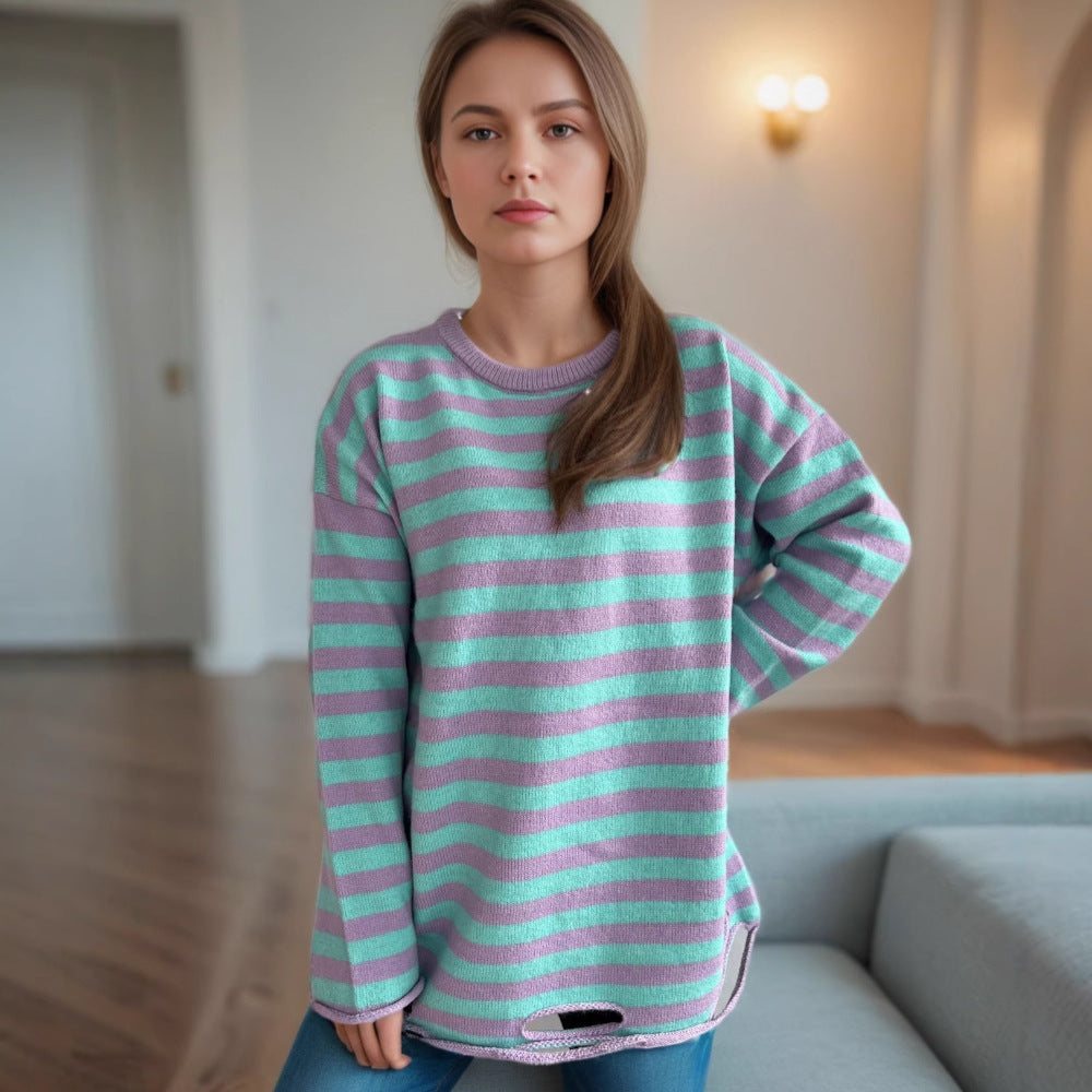Damen Oversized-Pullover Gestrickt Lässiges Streifenmuster