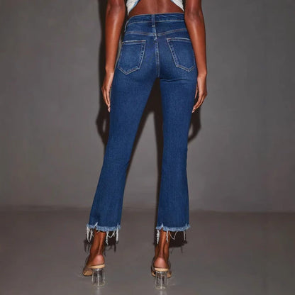 Damen Flared Jeans Destroyed Effekt Fransen Saum