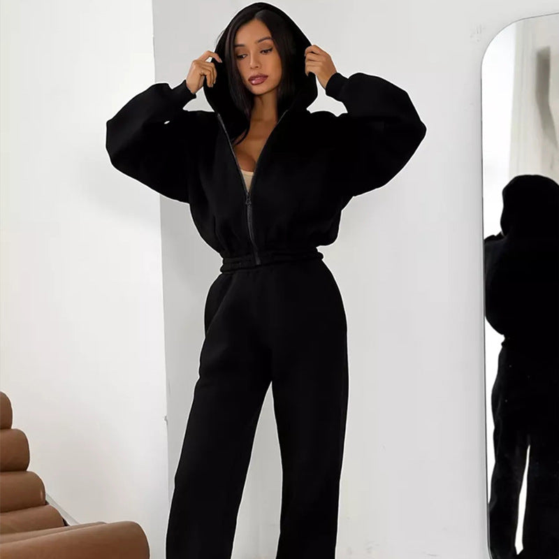 Damen Fleece-Jumpsuit mit Kapuze Weit Schnitt Eveloria
