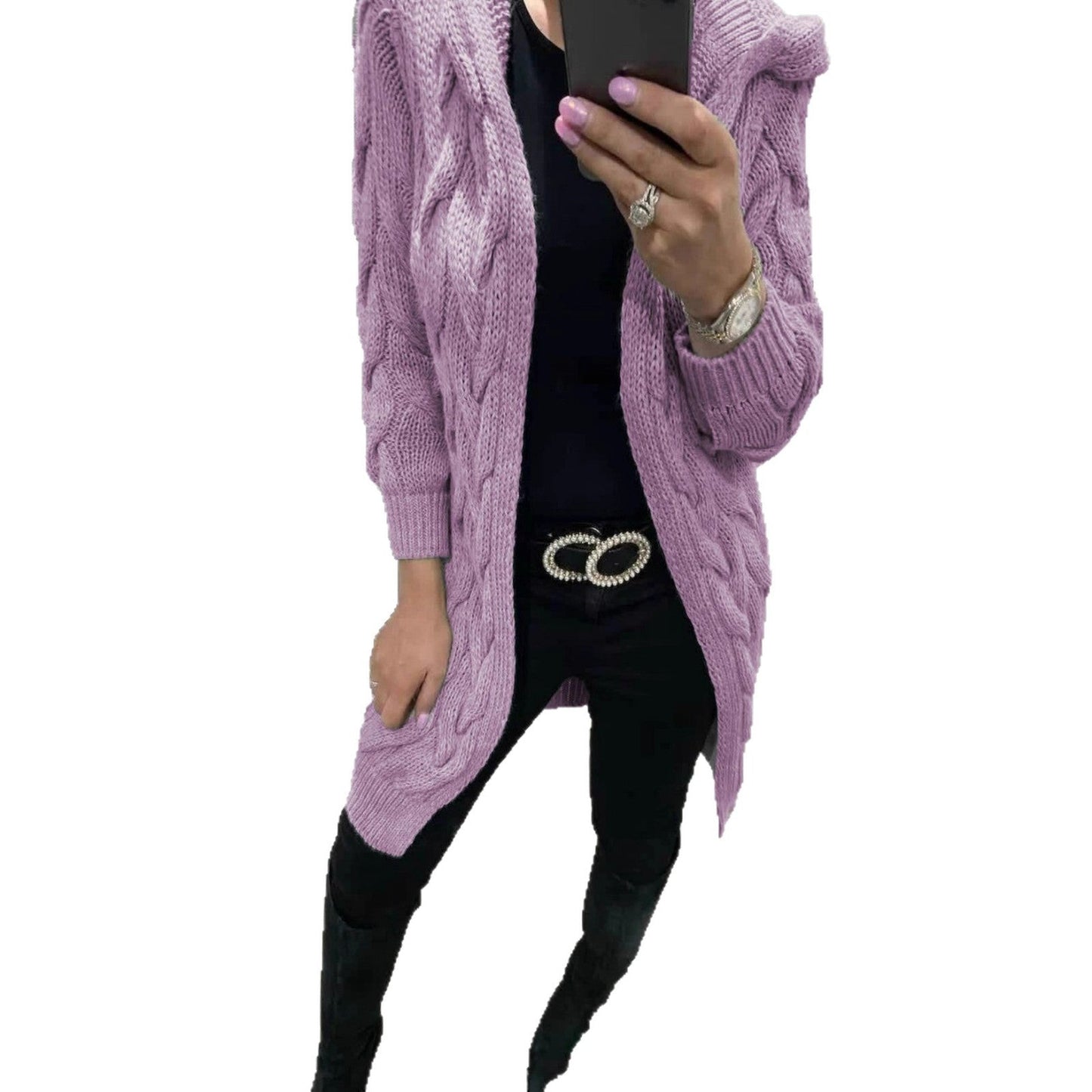 Damen Cardigan Grobstrick Zopfdesign Beige mit Taschen