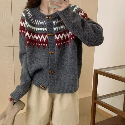 Damen Strickpullover Norweger Muster Kapuze