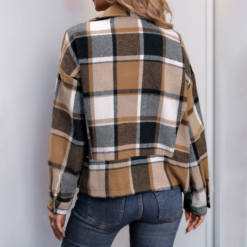 Damen Blazerjacke Kariert Elegant Stehkragen weiß