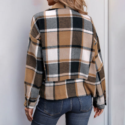 Damen Blazerjacke Kariert Elegant Stehkragen weiß