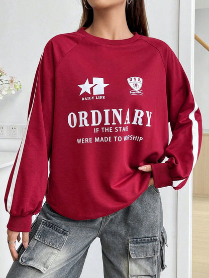 Damen Sweatshirt mit Grafiken Voluminöse Ärmel Beige