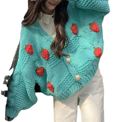 Damen Grobstrickjacke Blumenapplikationen Goldknöpfe Eveloria
