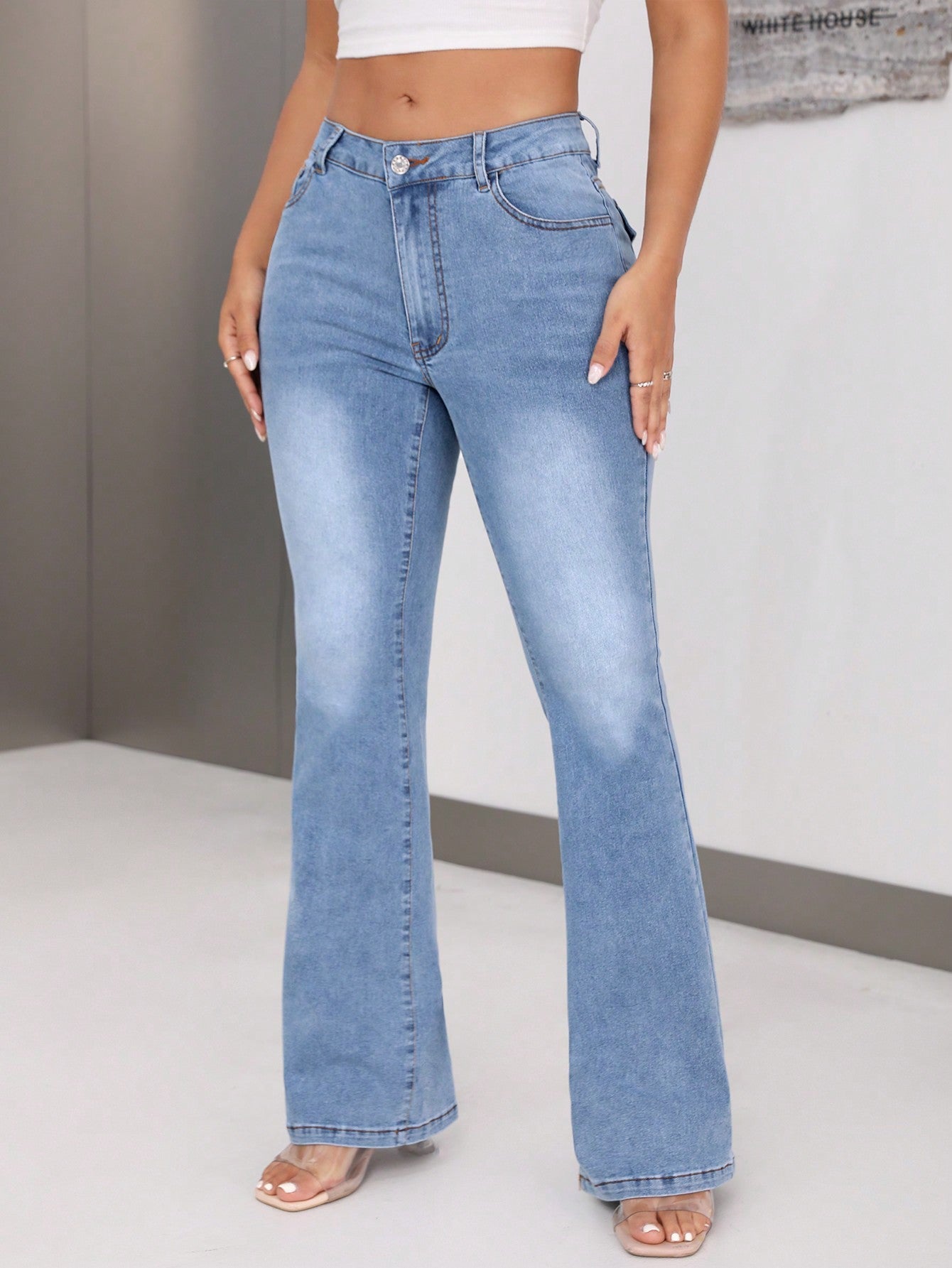 Damen Bootcut Jeans Hochbund Ausgefallenes Design Eveloria