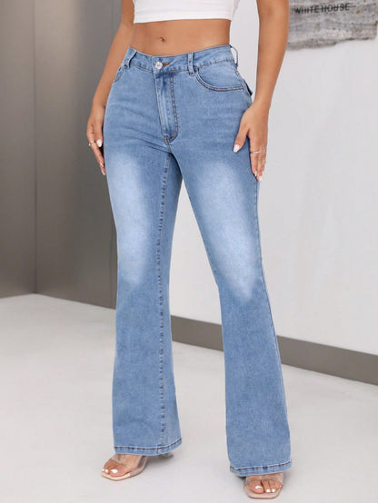 Damen Bootcut Jeans Hochbund Ausgefallenes Design Eveloria