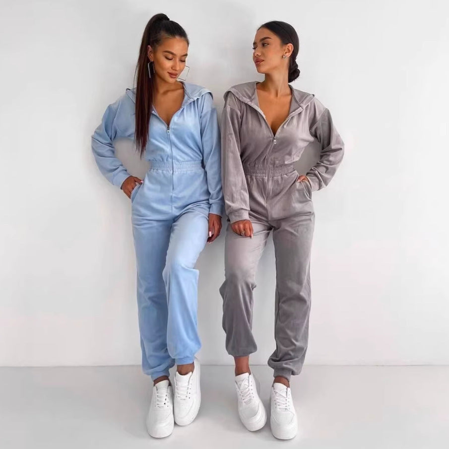 Damen Fleece-Overall Reißverschluss Kapuze Schwarz Eveloria - Eveloria