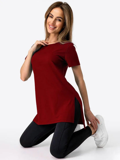Damen Longline T-Shirt mit Schlitzen Hochwertiges Baumwoll-Material