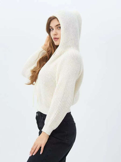 Damen Hoodie Weiches RippstrickMaterial Mit Kordelzug