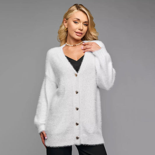 Damen Strickjacke Oversized Weich Herzknöpfe Beige - Eveloria