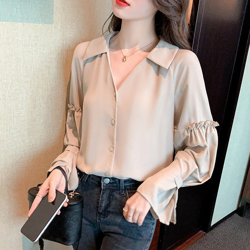 Damen Bluse Rüschendetails V-Ausschnitt Eveloria