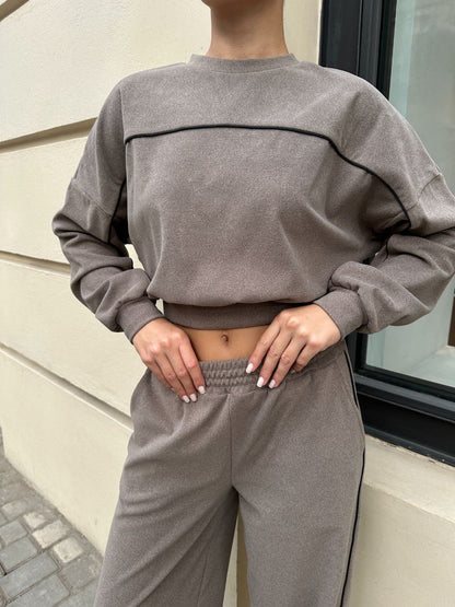 Damen Sportset Elastischer Bund Kontrastnähte Hose Oberteil Eveloria