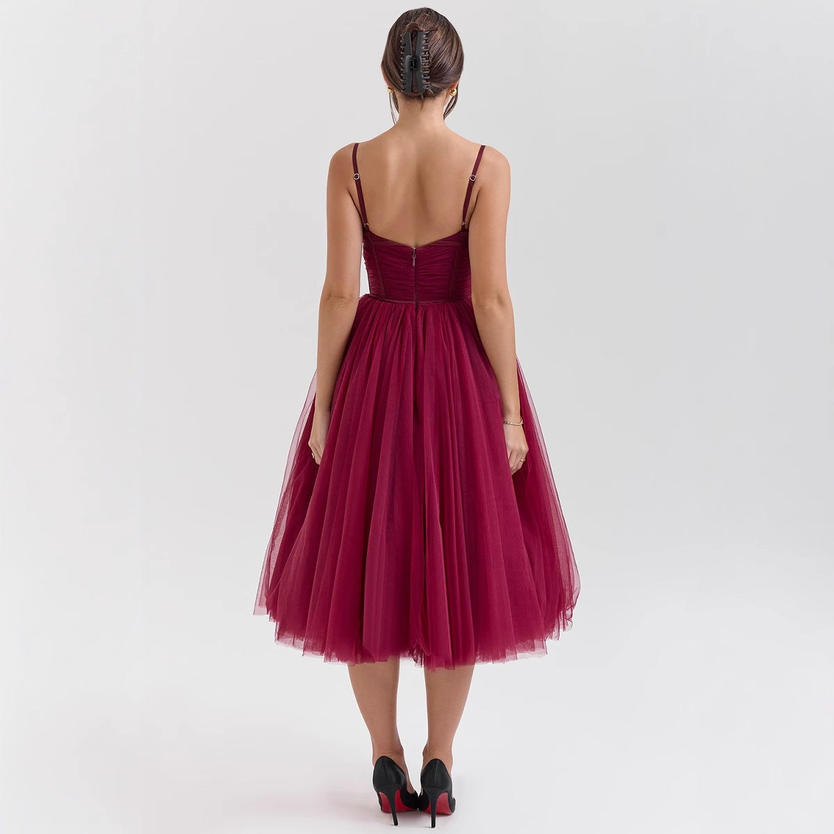 Damen Tüll Cocktailkleid V-Ausschnitt Taillengürtel