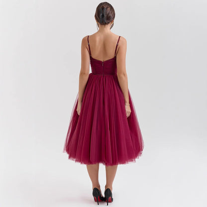 Damen Tüll Cocktailkleid V-Ausschnitt Taillengürtel