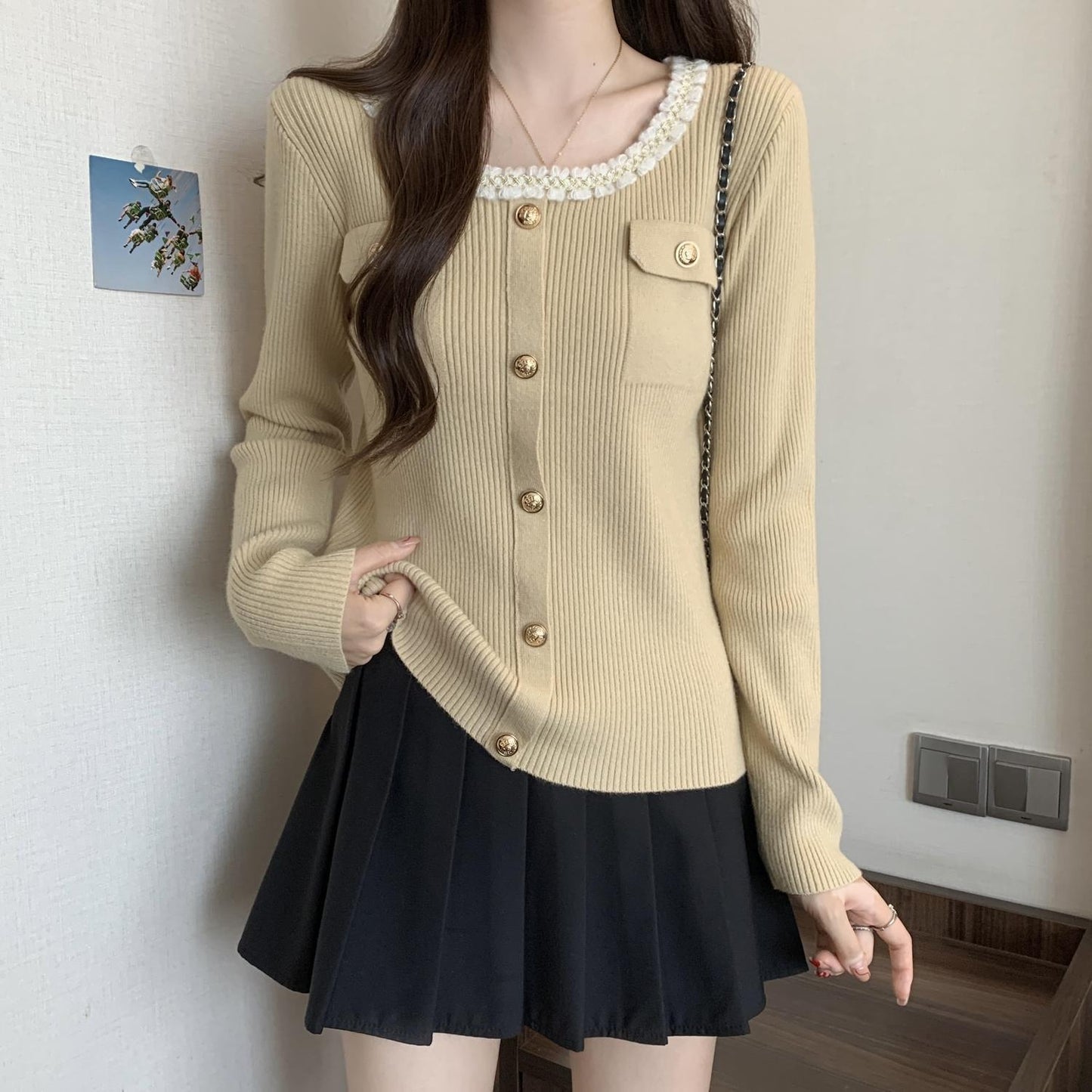 Damen Strickjacke Dekorativer Kragen Eveloria