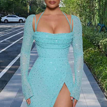 Damen Maxikleid Schimmerndes Kleid mit Seitenschlitz