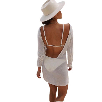 Damen Strickkleid Asymmetrisch Länge Langärmlig Beige