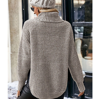Damen Grobstrickpullover Hochkragen Mit Taschen Beige